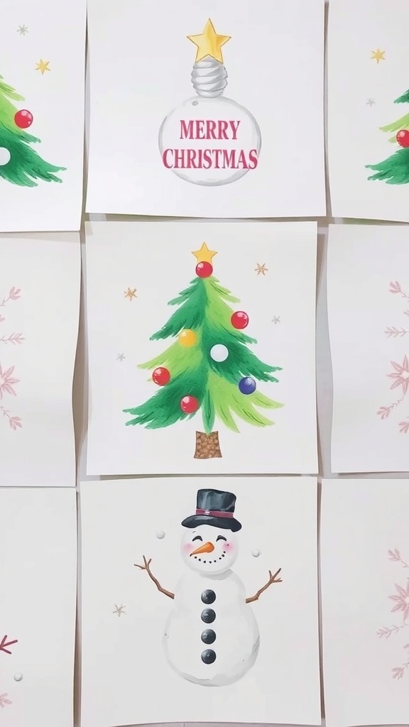 Simple watercolor paintings of a Christmas tree, snowman, and snowflakes on a light background.